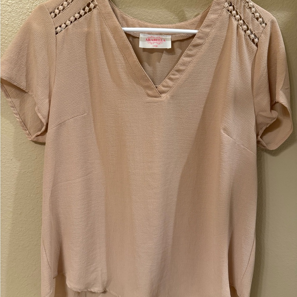 A New Day Tan V-Neck Blouse with Shoulder Accents